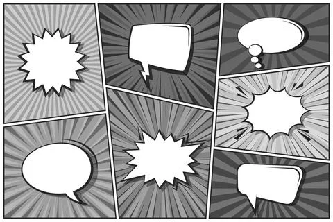 Cartoon comic backgrounds set. Speech bubble. Comics book black and white poster Illustrazione stock