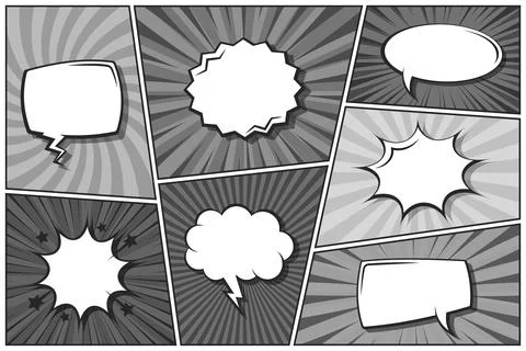 Cartoon comic backgrounds set. Speech bubble. Comics book black and white poster Stock Illustration