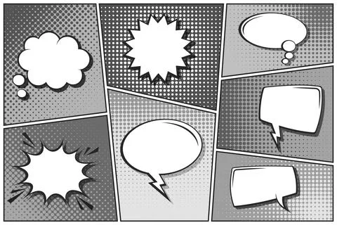 Cartoon comic backgrounds set. Speech bubble. Comics book black and white poster Stock Illustration