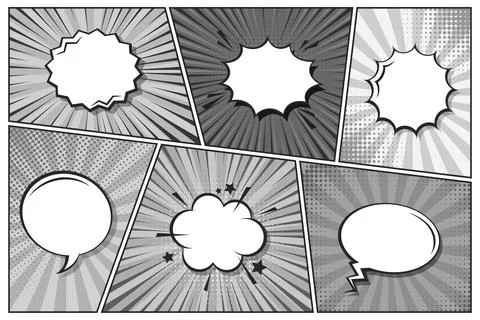 Cartoon comic backgrounds set. Speech bubble. Comics book black and white poster Stock Illustration