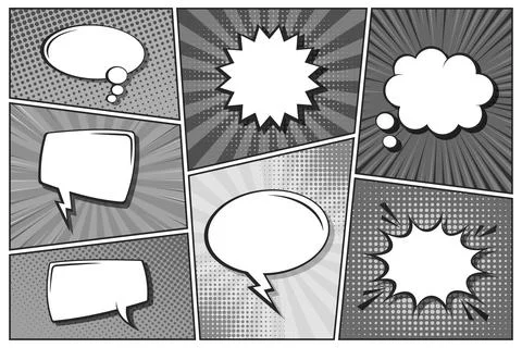 Cartoon comic backgrounds set. Speech bubble. Comics book black and white poster Stock Illustration
