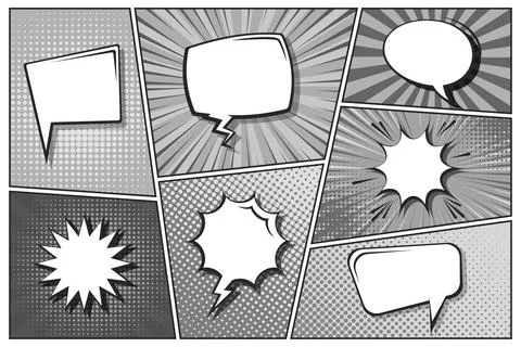 Cartoon comic backgrounds set. Speech bubble. Comics book black and white poster Stock Illustration