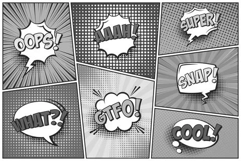 Cartoon comic backgrounds set. Speech bubble. Comics book black and white poster Illustrazione stock