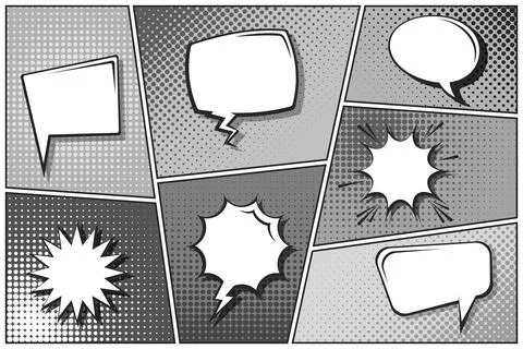 Cartoon comic backgrounds set. Speech bubble. Comics book black and white poster Stock Illustration
