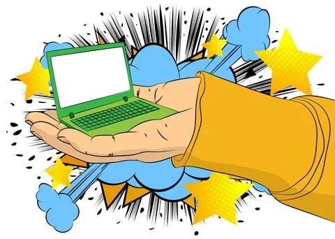 Cartoon, comic book human hands holding Laptop. Retro vector comics pop art.. Stock Illustration