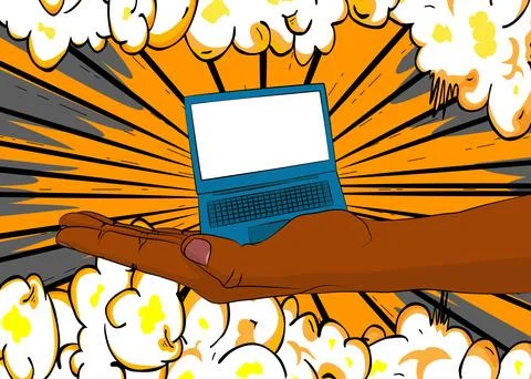 Cartoon, comic book human hands holding Laptop. Retro vector comics pop art.. Stock Illustration