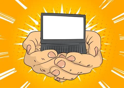 Cartoon, comic book human hands holding Laptop. Retro vector comics pop art.. Stock Illustration