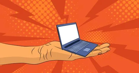Cartoon, comic book human hands holding Laptop. Retro vector comics pop art.. Stock Illustration