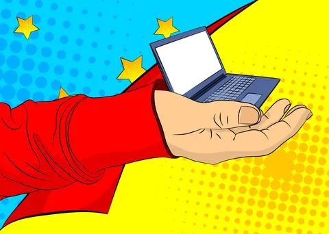 Cartoon, comic book human hands holding Laptop. Retro vector comics pop art.. Stock-Illustration