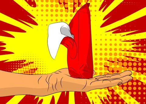 Cartoon, comic book human hands holding Wet Wipe. Retro vector comics pop a.. Stock Illustration
