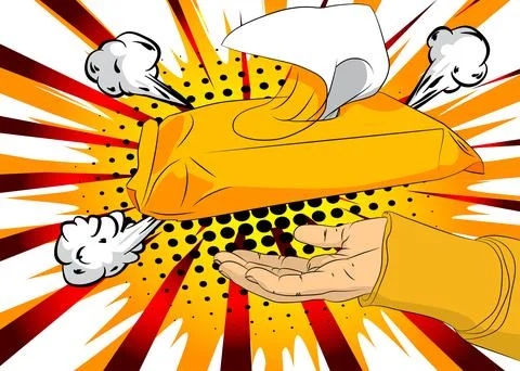 Cartoon, comic book human hands holding Wet Wipe. Retro vector comics pop a.. Stock-Illustration