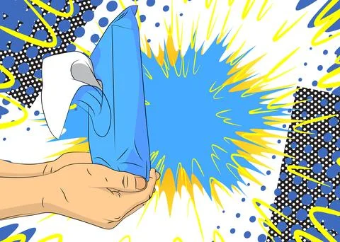 Cartoon, comic book human hands holding Wet Wipe. Retro vector comics pop a.. Stock-Illustration
