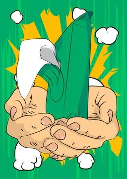 Cartoon, comic book human hands holding Wet Wipe. Retro vector comics pop a.. Stock Illustration