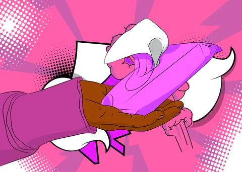 Cartoon, comic book human hands holding Wet Wipe. Retro vector comics pop a.. Stock-Illustration