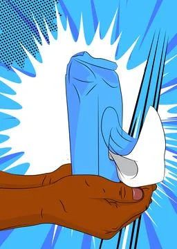 Cartoon, comic book human hands holding Wet Wipe. Retro vector comics pop a.. Stock-Illustration