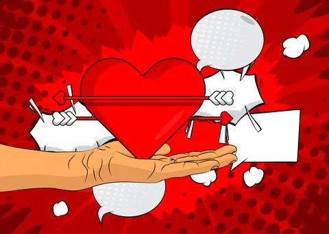 Cartoon, comic book human hands holding Heart with Arrow. Retro vector comi.. Stock Illustration