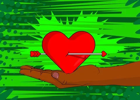 Cartoon, comic book human hands holding Heart with Arrow. Retro vector comi.. Illustrazione stock