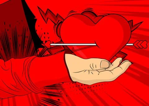 Cartoon, comic book human hands holding Heart with Arrow. Retro vector comi.. Stock Illustration