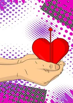 Cartoon, comic book human hands holding Heart with Arrow. Retro vector comi.. Illustrazione stock