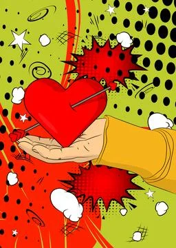 Cartoon, comic book human hands holding Heart with Arrow. Retro vector comi.. Stock Illustration