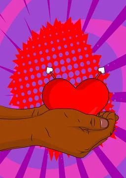 Cartoon, comic book human hands holding Heart with Arrow. Retro vector comi.. Stockillustratie