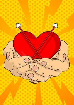 Cartoon, comic book human hands holding Heart with Arrow. Retro vector comi.. Stock Illustration