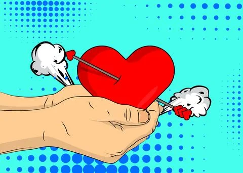 Cartoon, comic book human hands holding Heart with Arrow. Retro vector comi.. Stock Illustration