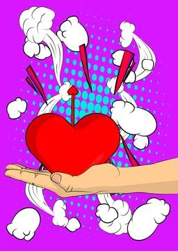 Cartoon, comic book human hands holding Heart with Arrow. Retro vector comi.. Stock Illustration