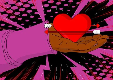 Cartoon, comic book human hands holding Heart with Arrow. Retro vector comi.. Stock Illustration