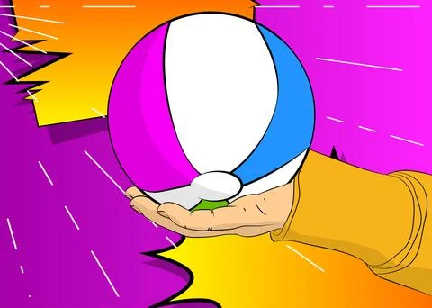 Cartoon, comic book human hands holding Beach Ball. Retro vector comics pop.. Stock Illustration