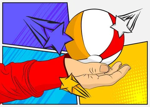 Cartoon, comic book human hands holding Beach Ball. Retro vector comics pop.. Stock Illustration