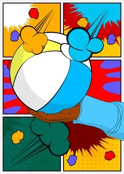Cartoon, comic book human hands holding Beach Ball. Retro vector comics pop.. Stock Illustration