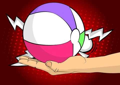 Cartoon, comic book human hands holding Beach Ball. Retro vector comics pop.. Stock Illustration