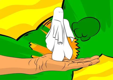 Cartoon, comic book human hands holding Ghost. Retro Halloween vector comic.. 库存插图