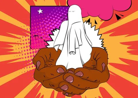 Cartoon, comic book human hands holding Ghost. Retro Halloween vector comic.. 库存插图