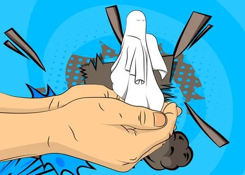 Cartoon, comic book human hands holding Ghost. Retro Halloween vector comic.. 库存插图