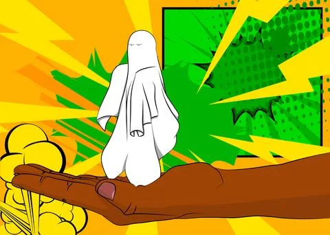 Cartoon, comic book human hands holding Ghost. Retro Halloween vector comic.. 库存插图