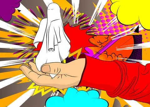 Cartoon, comic book human hands holding Ghost. Retro Halloween vector comic.. 库存插图