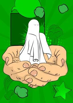 Cartoon, comic book human hands holding Ghost. Retro Halloween vector comic.. 库存插图