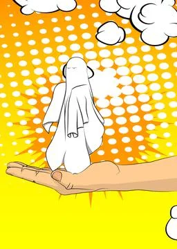 Cartoon, comic book human hands holding Ghost. Retro Halloween vector comic.. 库存插图