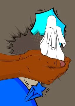 Cartoon, comic book human hands holding Ghost. Retro Halloween vector comic.. 库存插图
