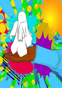 Cartoon, comic book human hands holding Ghost. Retro Halloween vector comic.. 库存插图
