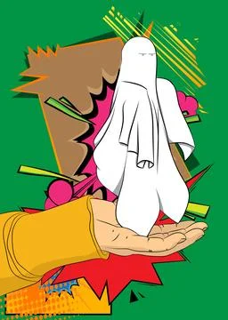 Cartoon, comic book human hands holding Ghost. Retro Halloween vector comic.. 库存插图