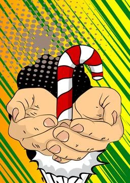 Cartoon, comic book human hands holding Candy cane. Retro vector comics pop.. Stock Illustration