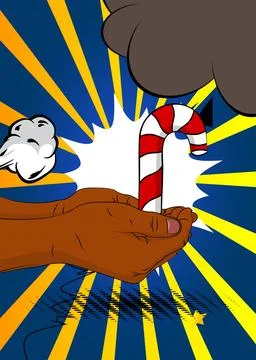 Cartoon, comic book human hands holding Candy cane. Retro vector comics pop.. Stock Illustration