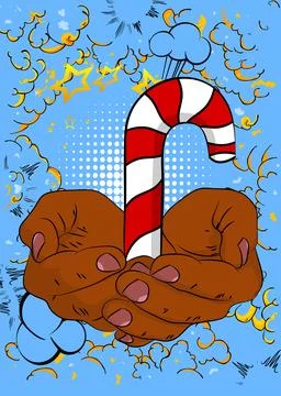 Cartoon, comic book human hands holding Candy cane. Retro vector comics pop.. Stock Illustration