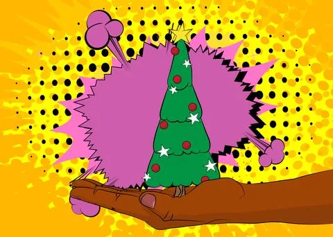 Cartoon, comic book human hands holding Christmas decorated pine tree. Retr.. Stock Illustration