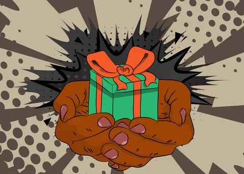 Cartoon, comic book human hands holding Gift Box Retro vector comics pop ar.. Stock-Illustration