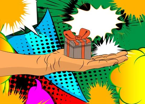 Cartoon, comic book human hands holding Gift Box Retro vector comics pop ar.. Stock-Illustration