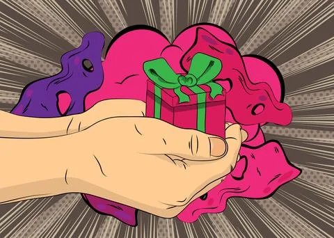 Cartoon, comic book human hands holding Gift Box Retro vector comics pop ar.. Stock-Illustration